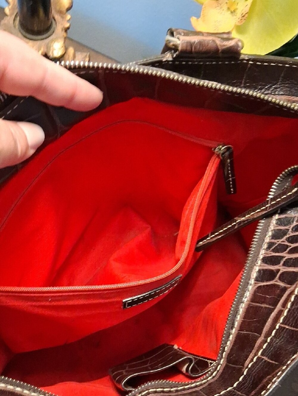 Dooney & Bourke Dark Brown Croc-Embossed Leather Tote with Gold Plaque - Picture 12 of 16